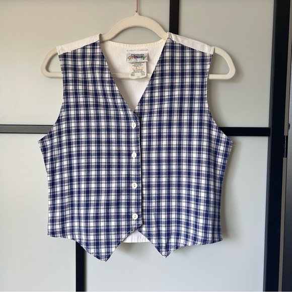 [L] Vintage Spring Blue & White Checker Tie Back Bow Button Down Cotton Vest - Picture 13 of 13